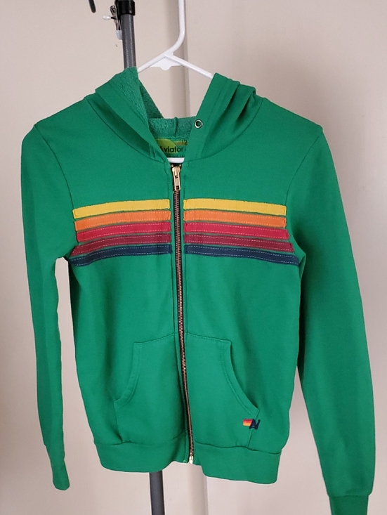 Aviator Nation Other - Aviator Nation Green Zip Hoodie with Rainbow Chest Stripes